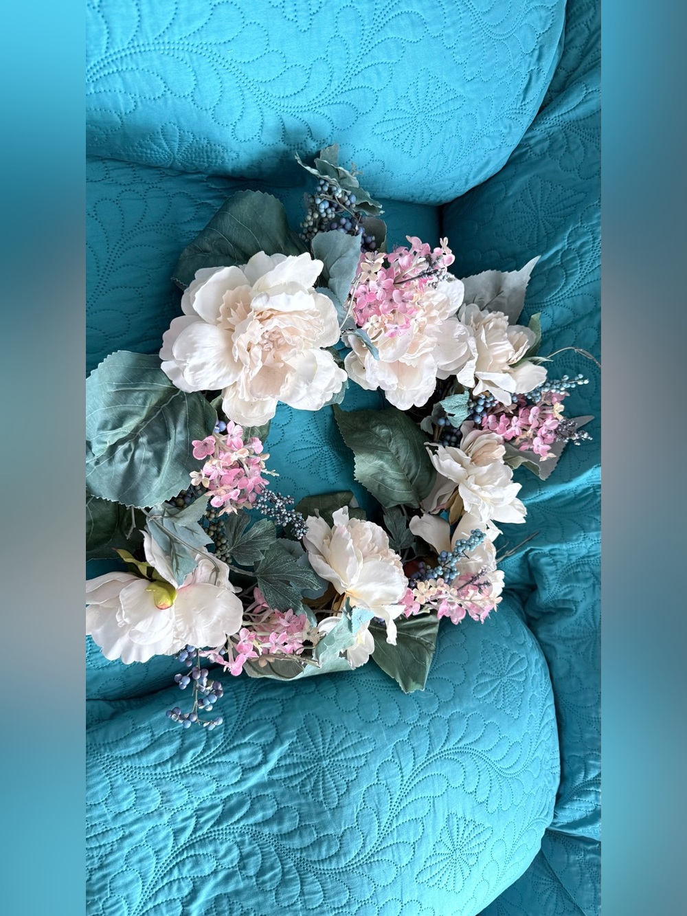 Cream and Pink Floral Wreath with Green Leaves